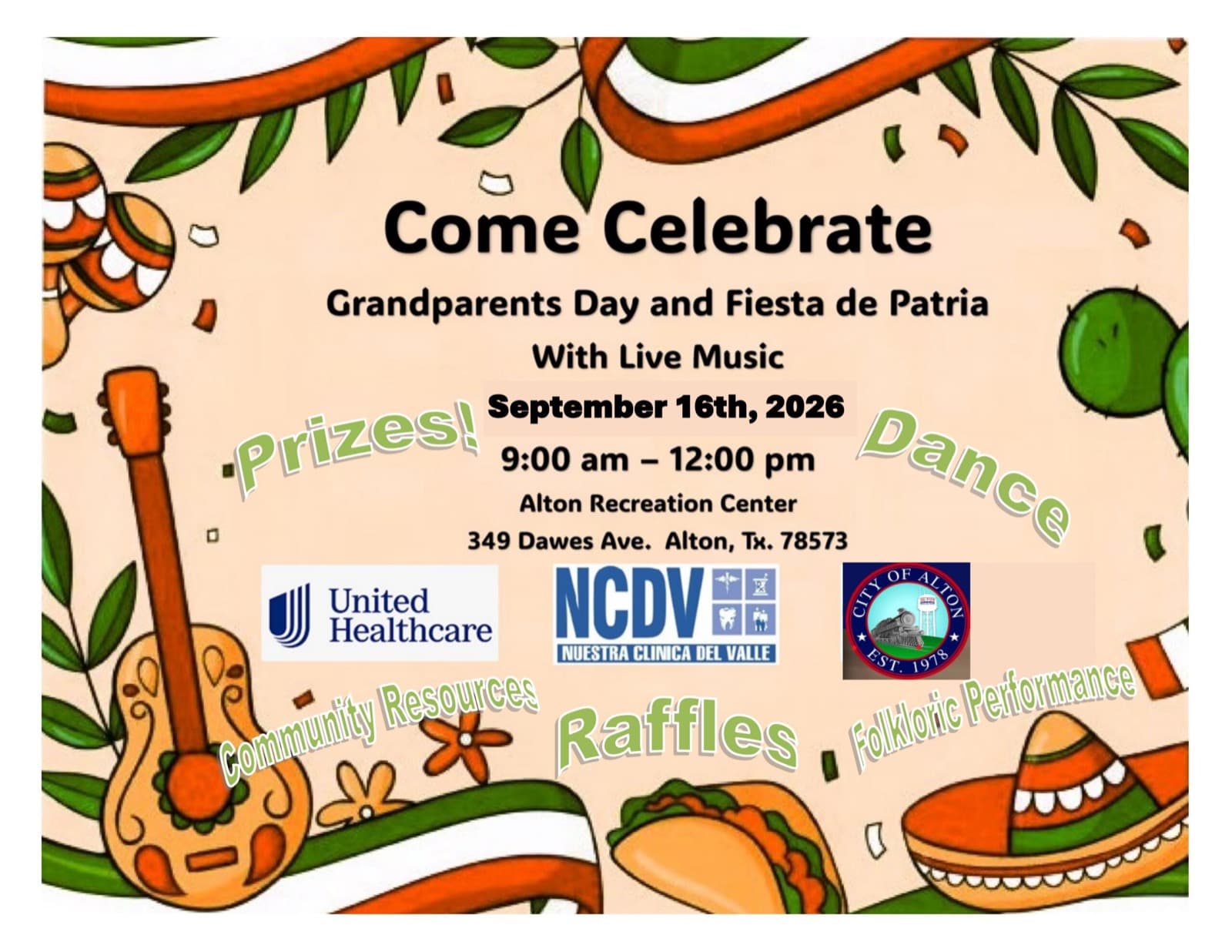 Event flyer for Grandparents Day and Fiesta de Patria Celebration in Alton. Opens the full-size image.