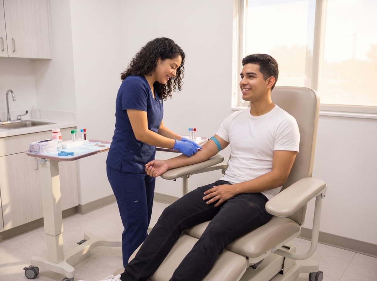 A laboratory technician in blue gloves draws blood from a young man's arm as he looks away and smiles