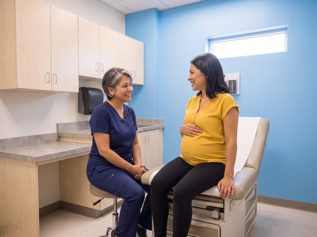 An OB/GYN provider in navy scrubs sits beside the exam table, talking with a pregnant woman who rests a hand on her belly