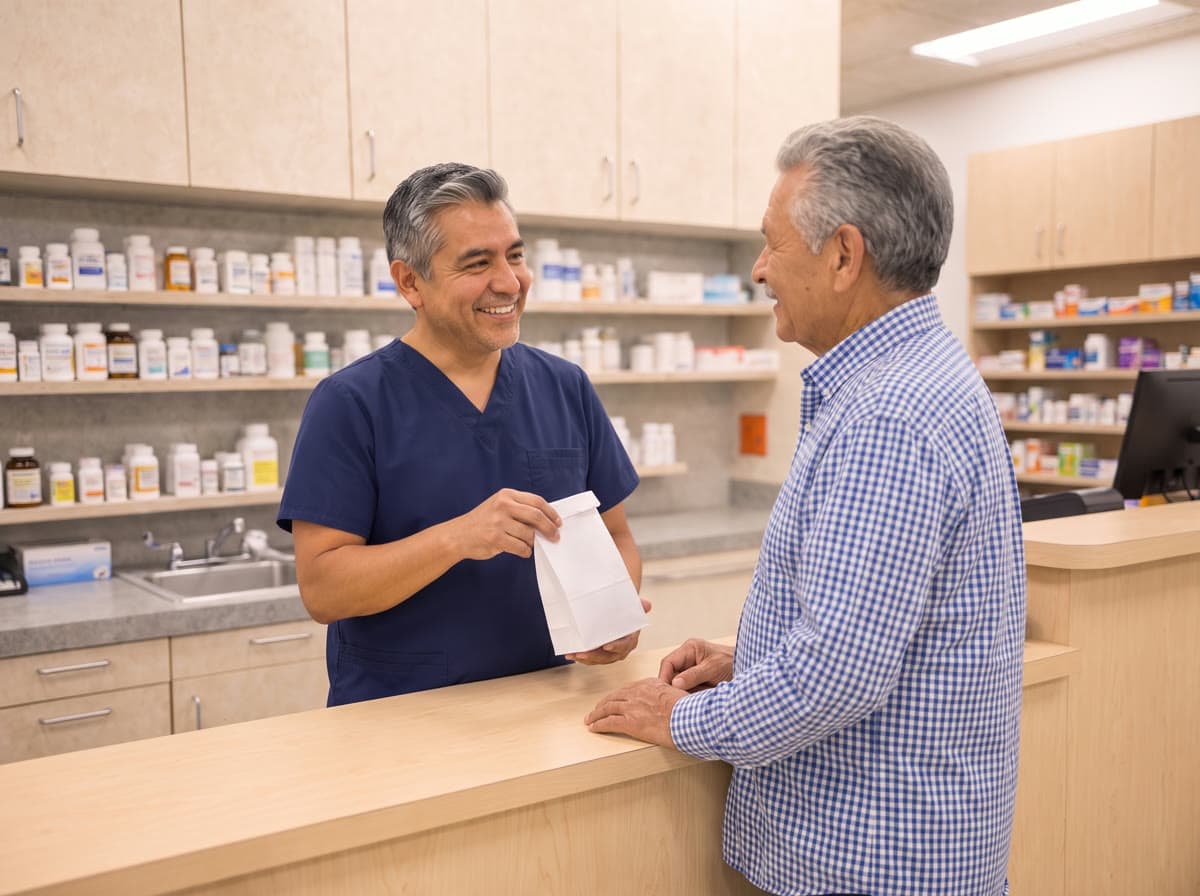 A pharmacist hands a prescription bag across the counter to an older man, the two of them smiling at each other