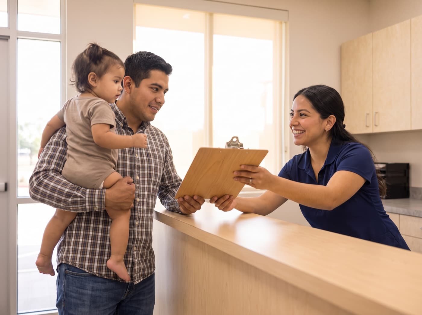 A father holding his toddler daughter is handed a registration clipboard by a smiling clerk at a clinic front desk.