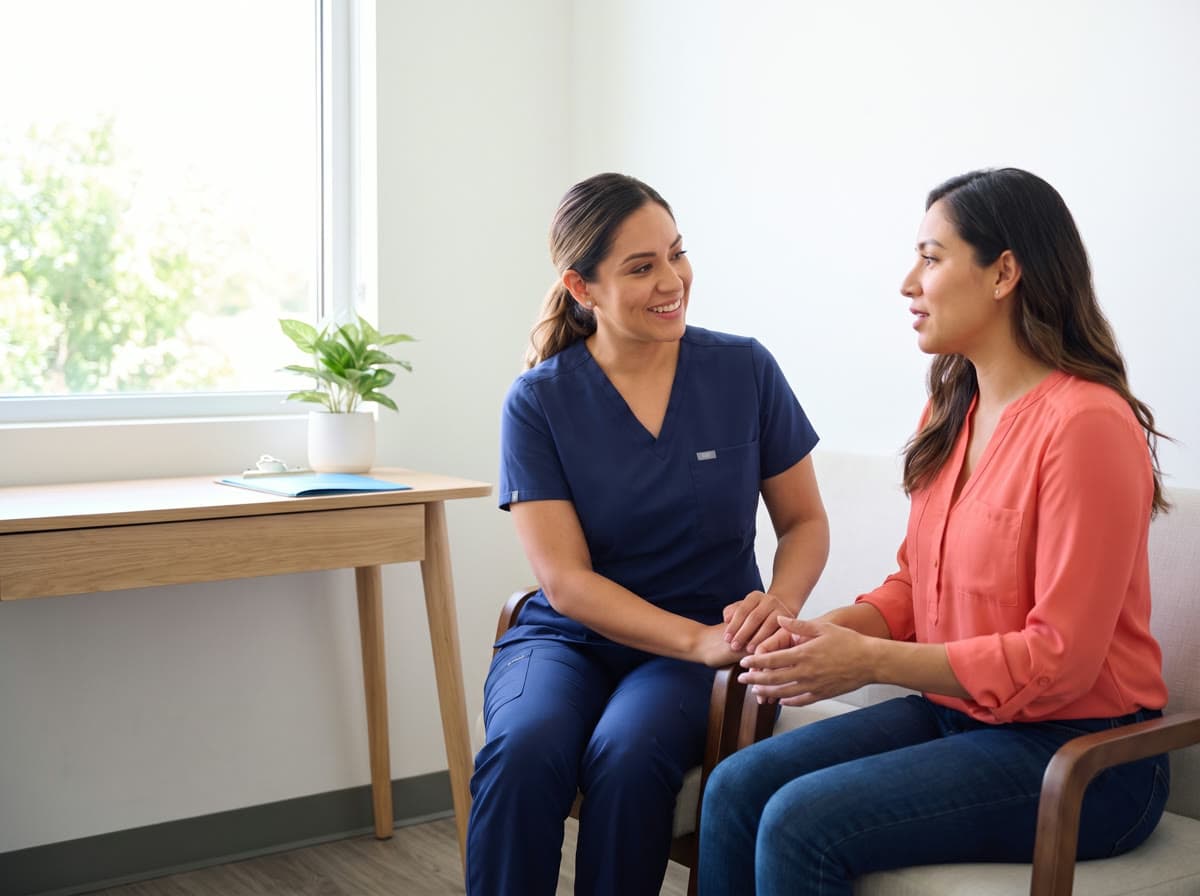 A behavioral health counselor sits at eye level with a woman, listening as she talks during a counseling visit