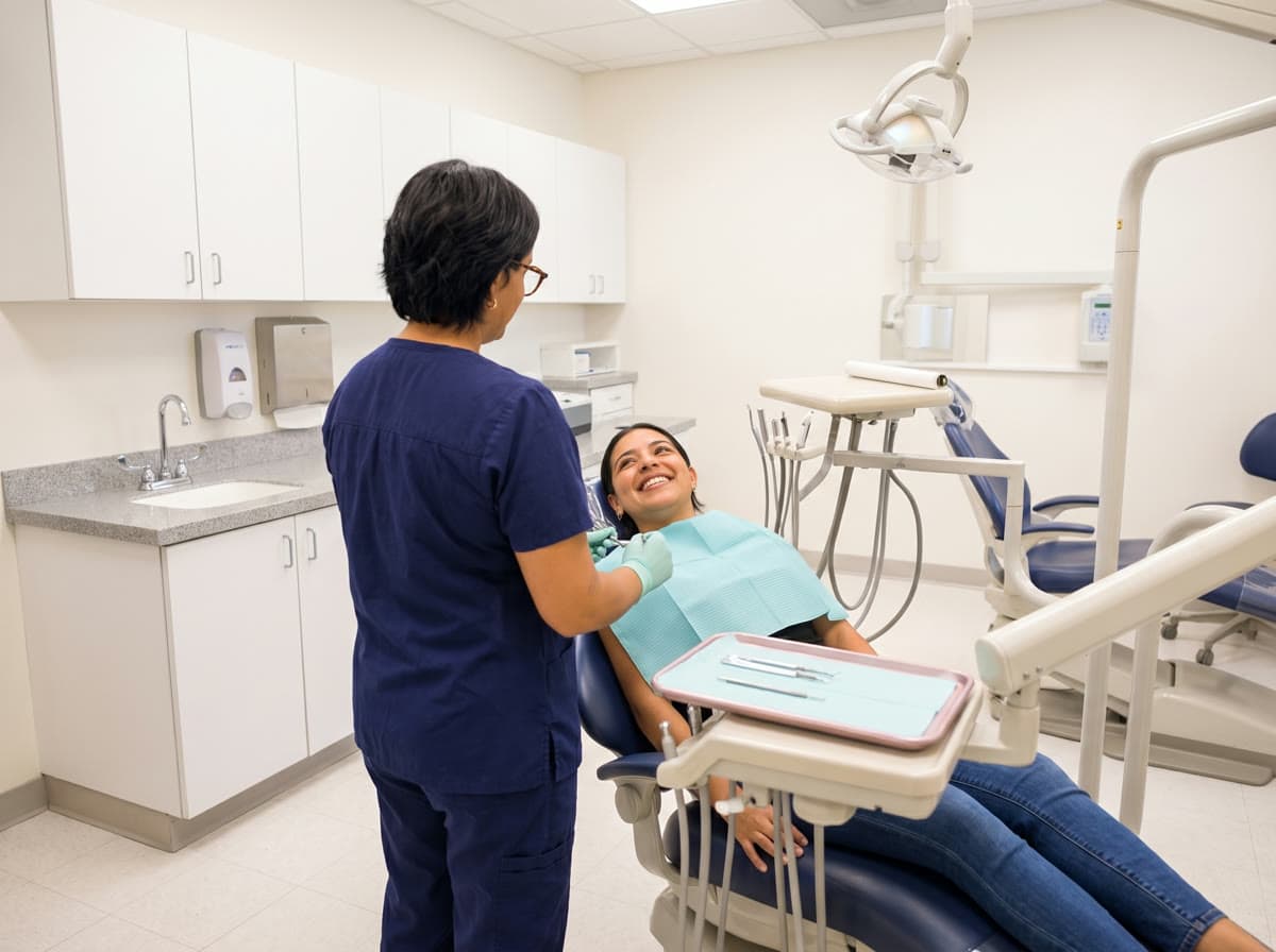 A dental hygienist shares a laugh with a young woman seated in the dental chair