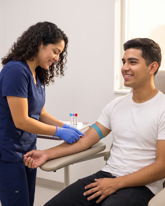 A laboratory technician in blue gloves draws blood from a young man's arm as he looks away and smiles
