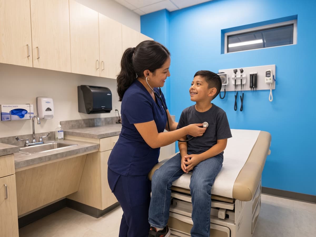 A doctor listens to a young boy's heartbeat with a stethoscope as he smiles up at her from the exam table