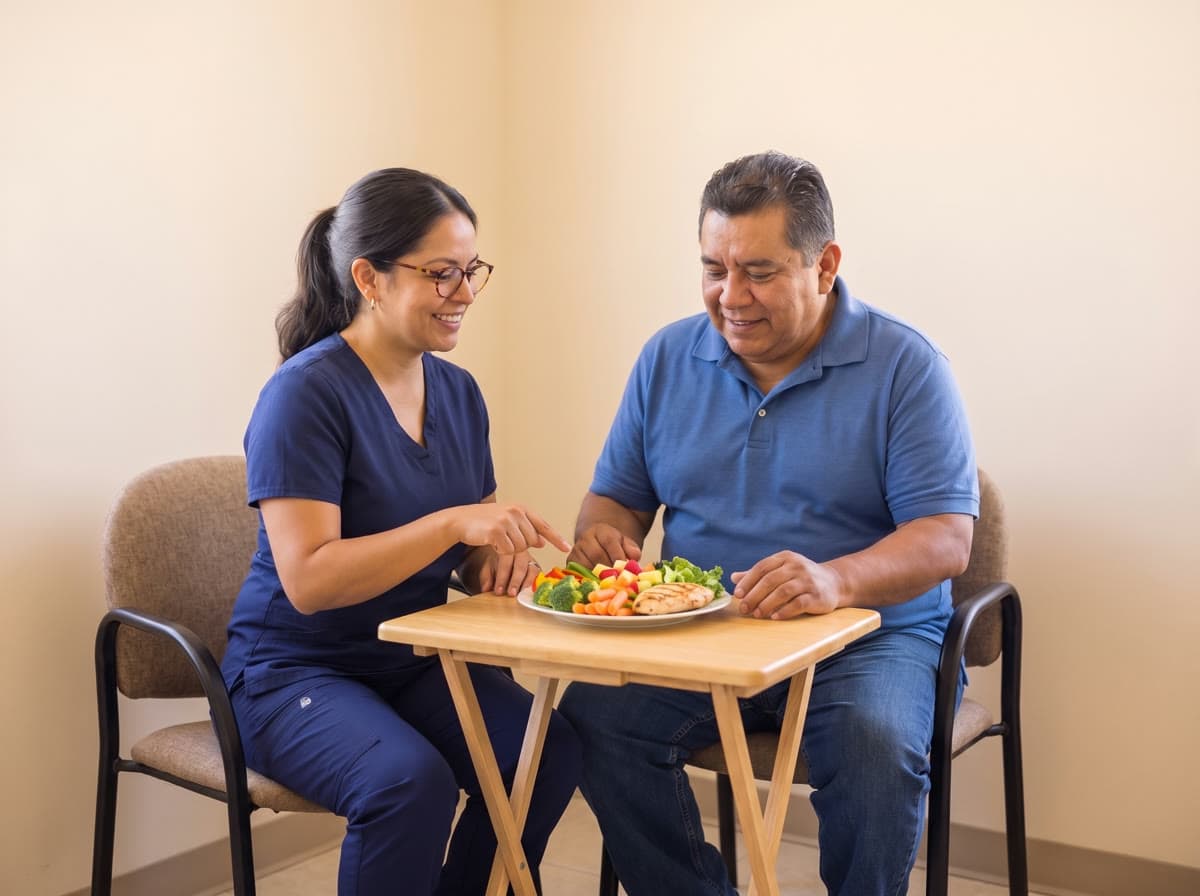A dietitian points to a plate of vegetables, fruit, and grilled chicken while a man looks on across a small table