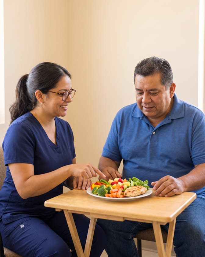 A dietitian points to a plate of vegetables, fruit, and grilled chicken while a man looks on across a small table