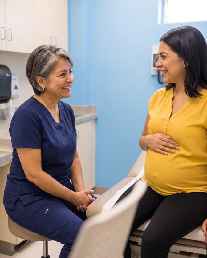 An OB/GYN provider in navy scrubs sits beside the exam table, talking with a pregnant woman who rests a hand on her belly