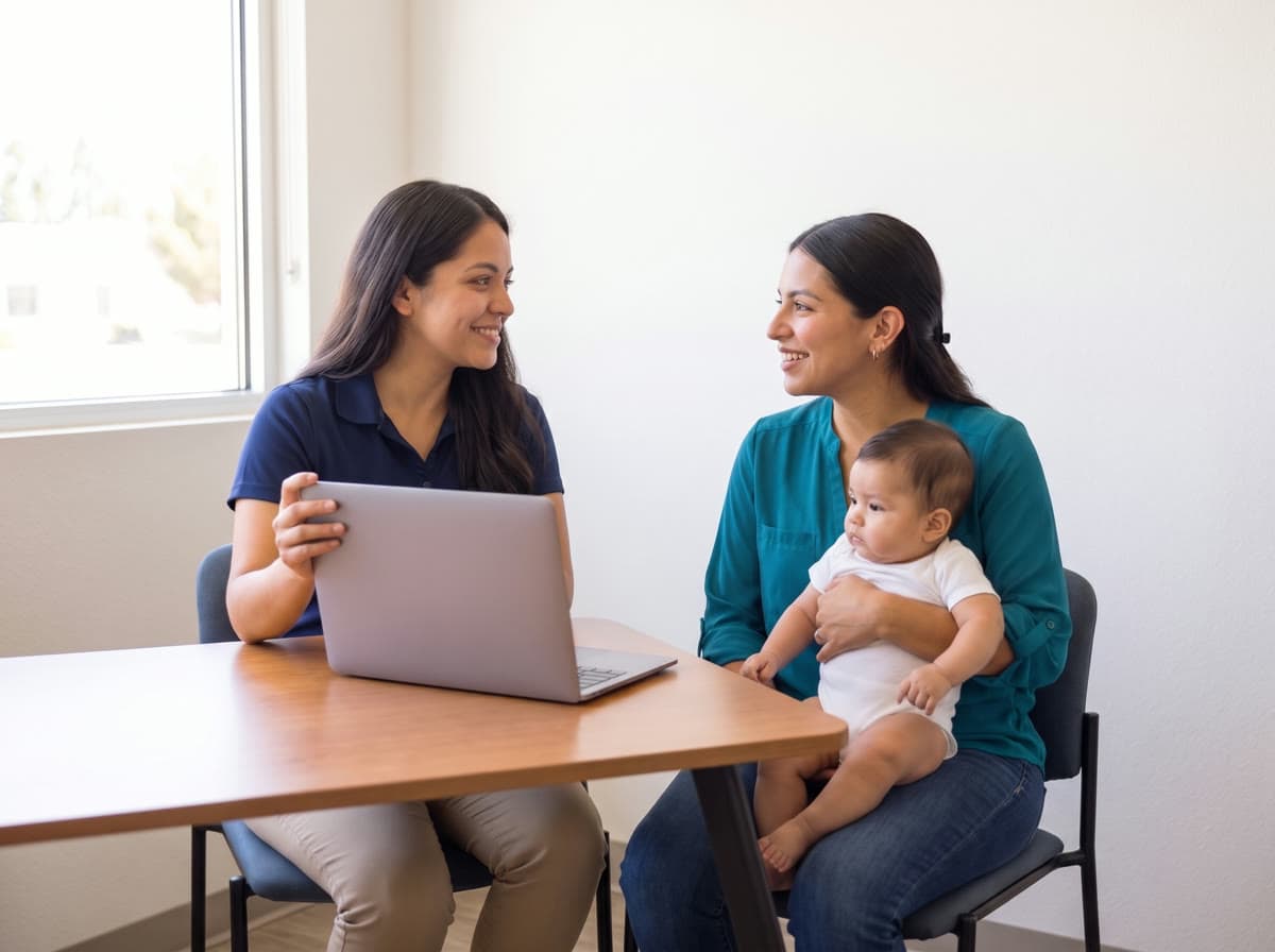 An enrollment specialist turns a laptop toward a young mother holding a baby at a table