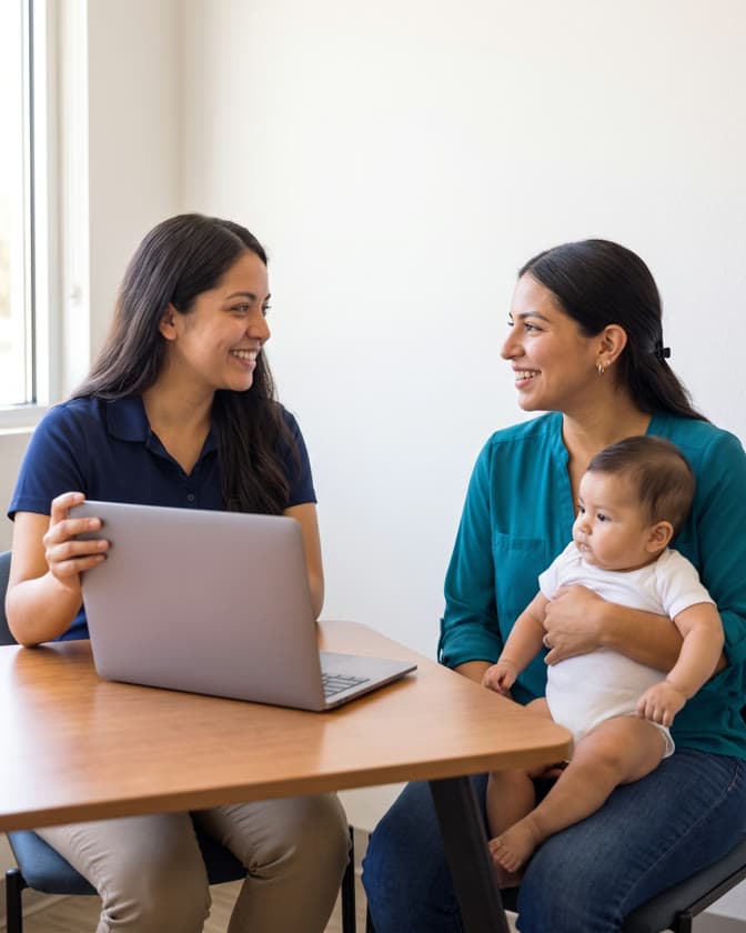An enrollment specialist turns a laptop toward a young mother holding a baby at a table