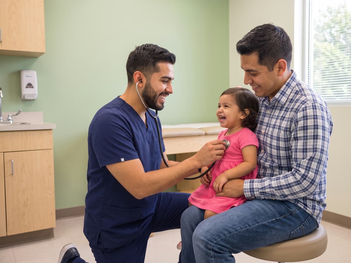 A pediatrician kneels to listen to a laughing toddler's heartbeat while she sits on her father's lap