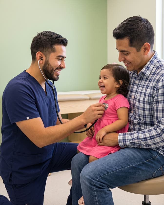 A pediatrician kneels to listen to a laughing toddler's heartbeat while she sits on her father's lap