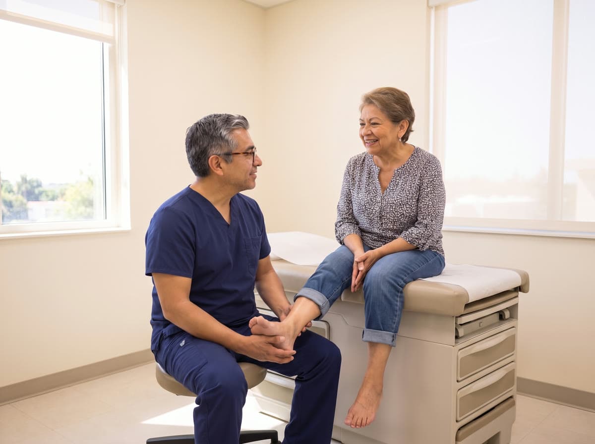 A podiatrist seated on a low stool examines the foot of an older woman sitting on the exam table