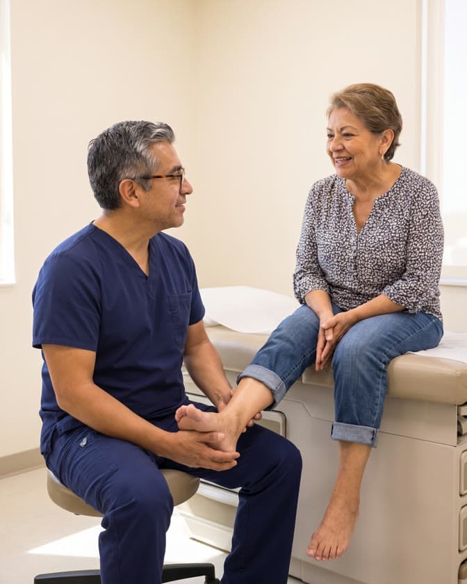 A podiatrist seated on a low stool examines the foot of an older woman sitting on the exam table