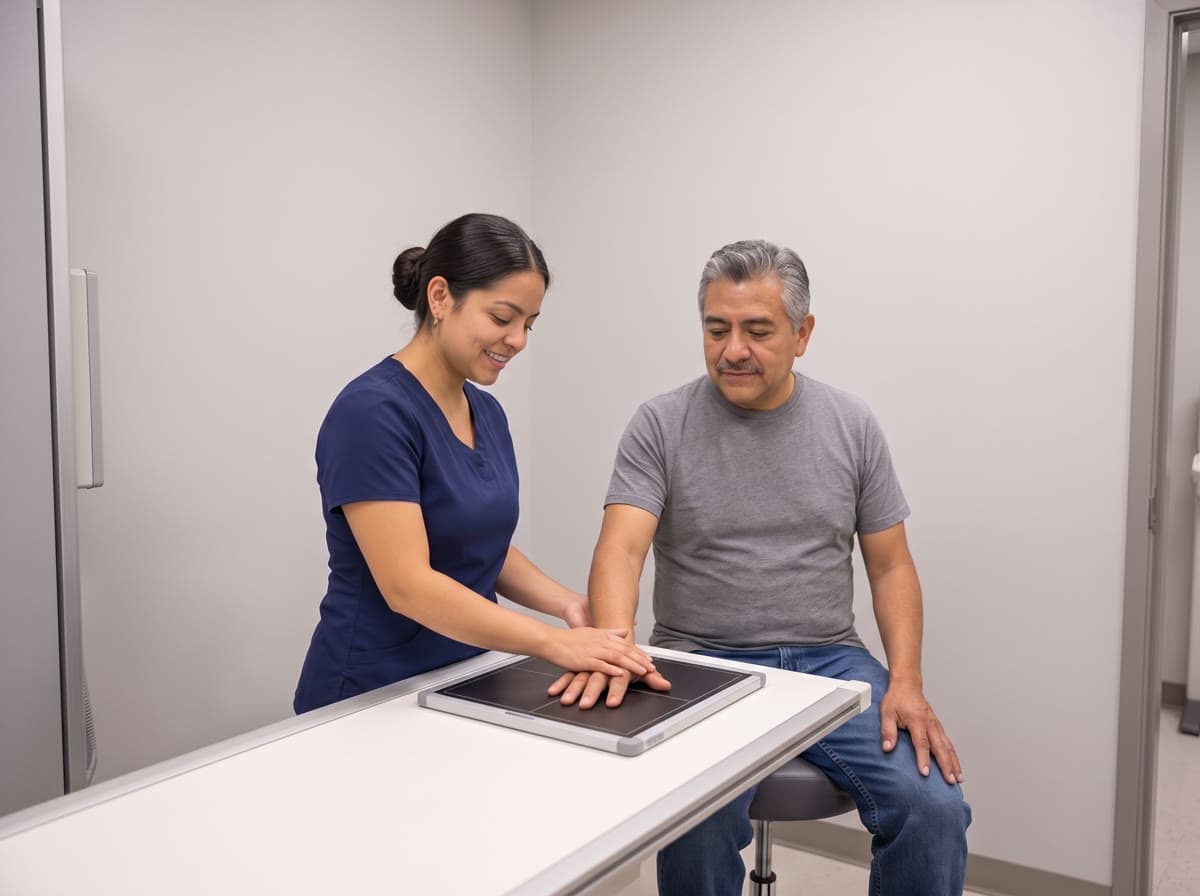 A radiologic technologist positions a man's hand on a digital X-ray plate