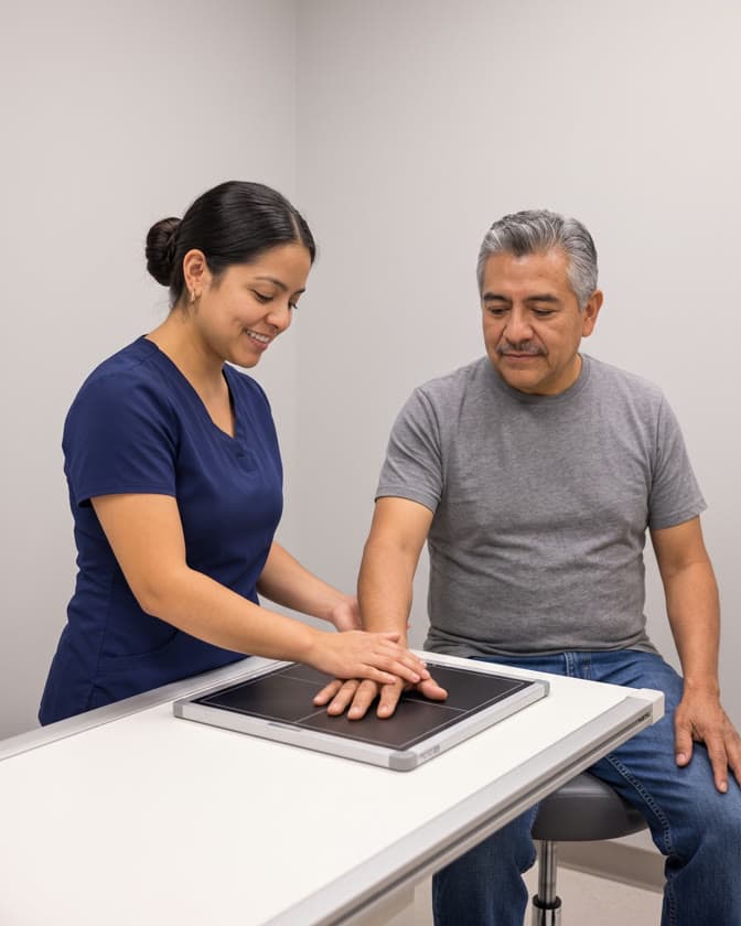 A radiologic technologist positions a man's hand on a digital X-ray plate
