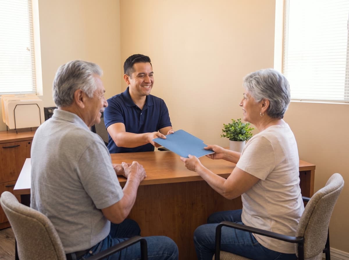 A social services staff member hands a blue folder across a desk to an older couple